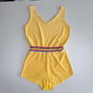 Vintage Terry Cloth Romper Rainbow Striped Waist Retro 70s Summer Camp Yellow S